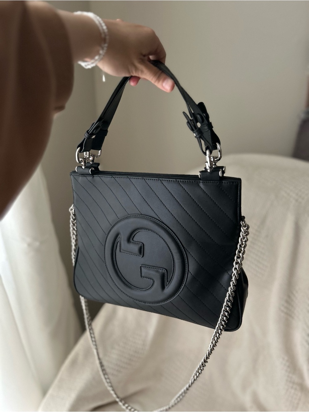 Black Quilted Leather Shoulder Bag with Chain Strap